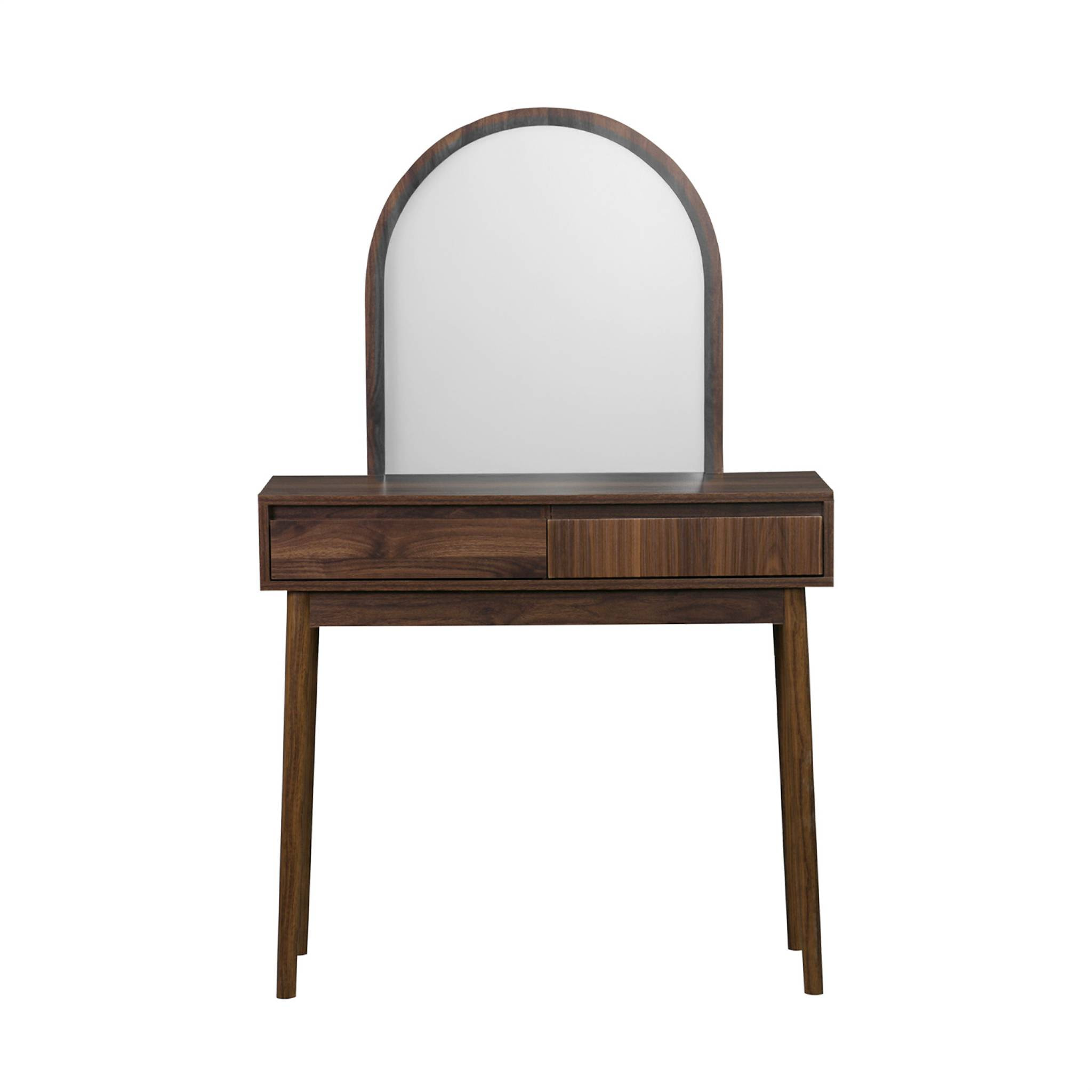 Coiffeuse décor bois LINEAR miroir arrondi 2 tiroirs 90 cm. façade striée. Noyer