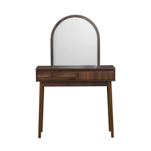 Coiffeuse décor bois LINEAR miroir arrondi 2 tiroirs 90 cm. façade striée. Noyer