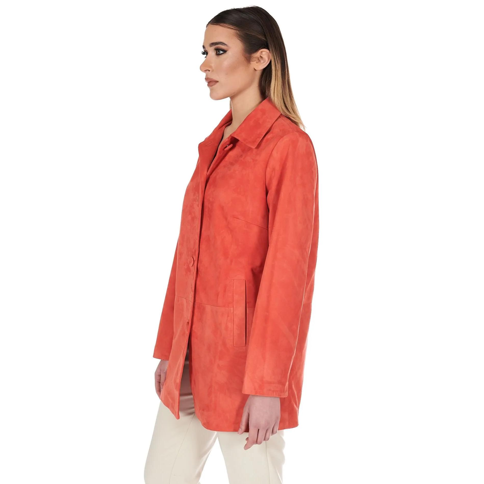 Giacca in pelle camoscio arancio monopetto versione oversize