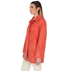 Giacca in pelle camoscio arancio monopetto versione oversize