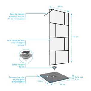 Pack Paroi de douche 90x195 cm + RECEVEUR A CARRELER 90X90 RECOUPABLE - BONDE VERTICALE