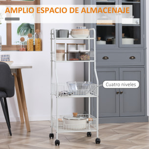 Estante de Cocina con Ruedas de Acero Carro de Almacenamiento de 4 Niveles Estantería para Microondas para Baño Salón Comedor 42x34x114,5 cm Blanco