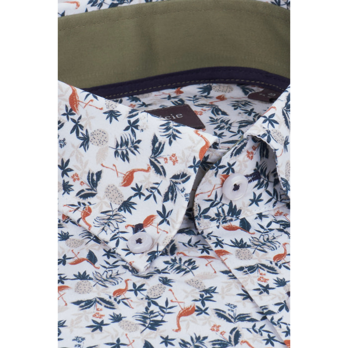 camicia uomo 1 bottone button down slim Popeline Stampato BIANCO E VERDE SCURO