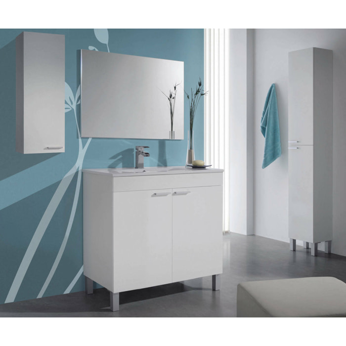 Mobile sottolavabo Augusta, Mobiletto per bagno a 2 ante, Armadietto da terra con specchio, cm 80x45h80, Bianco