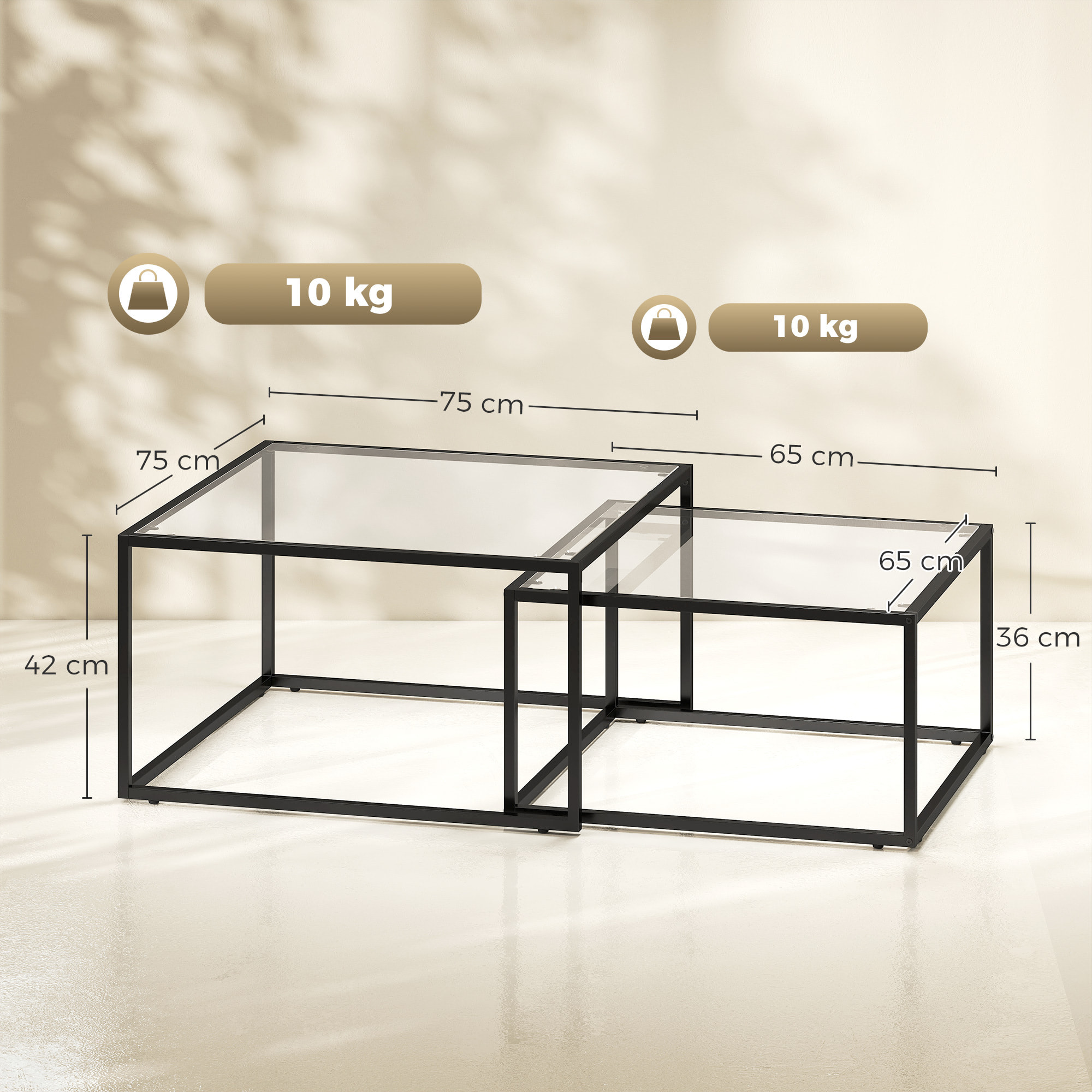 Set de 2 Mesas de Centro Cuadradas, Mesas Nido Modernas con Tablero de Vidrio Templado y Estructura Metálica, Ahorra Espacio, para Salón, Dormitorio u Oficina, 75x75x42 cm, Negro