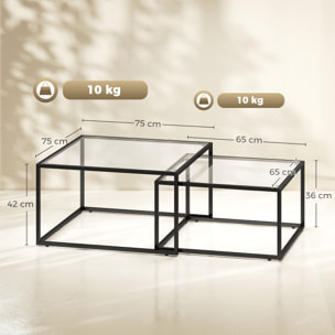 Set de 2 Mesas de Centro Cuadradas, Mesas Nido Modernas con Tablero de Vidrio Templado y Estructura Metálica, Ahorra Espacio, para Salón, Dormitorio u Oficina, 75x75x42 cm, Negro