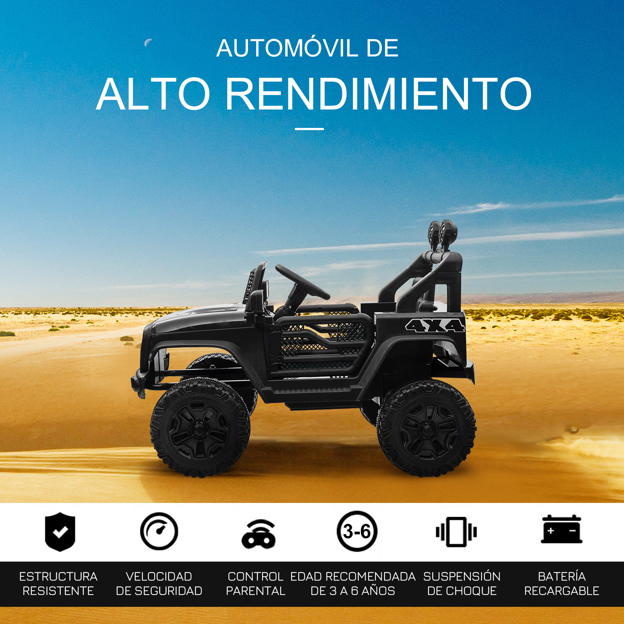 Coche Eléctrico para Niños 12V, Vehículo Todoterreno de Batería con 2 Motores, Control Remoto 2,4G, Velocidad hasta 5 km/h, Sistema de Suspensión, Faros, para Niños de +3 Años, Negro