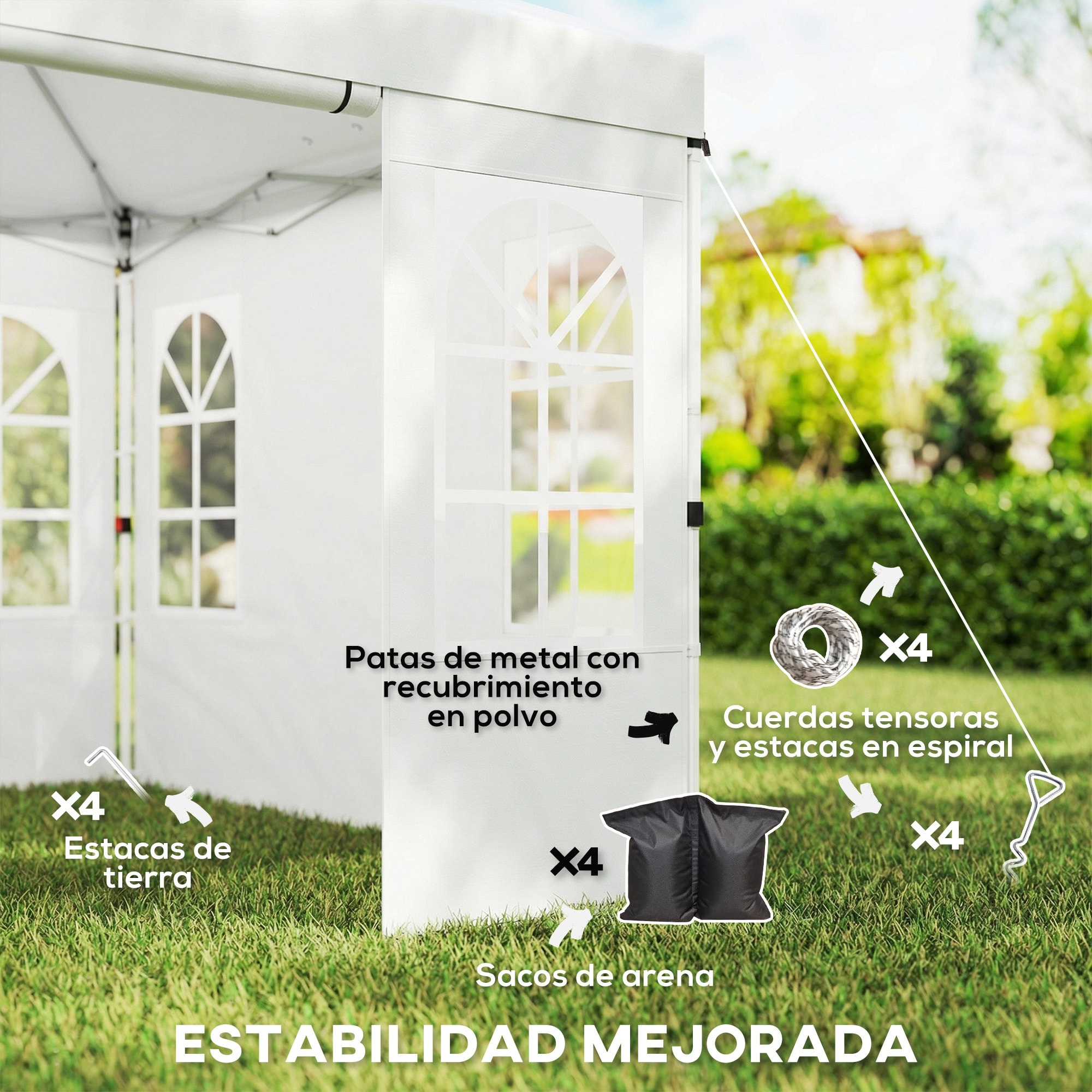 Carpa Plegable 3x3 m, Pop-up, con 4 Laterales Extraíbles, Cenador de Jardín con UPF50+, Bloqueo Central, Altura Ajustable, Bolsa de Transporte, Sacos Arena, Gazebo para Exterior, Blanco