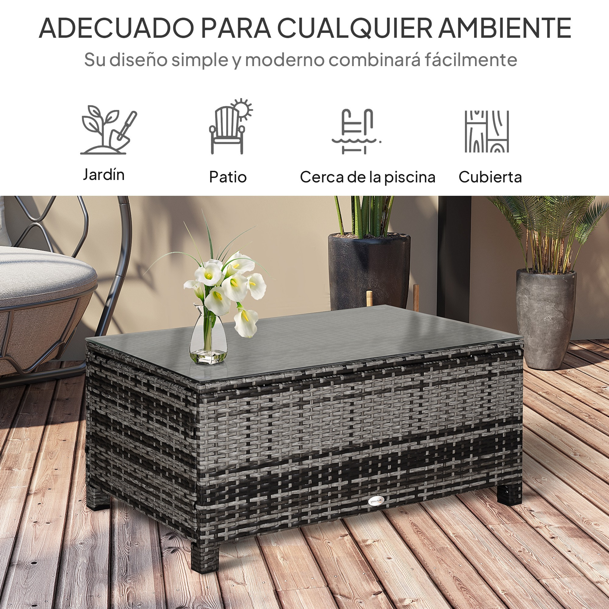 Mesa de Jardín de Ratán Sintético Mesita Auxiliar con Vidrio Templado para Terraza Patio Balcón 85x50x39 cm Gris