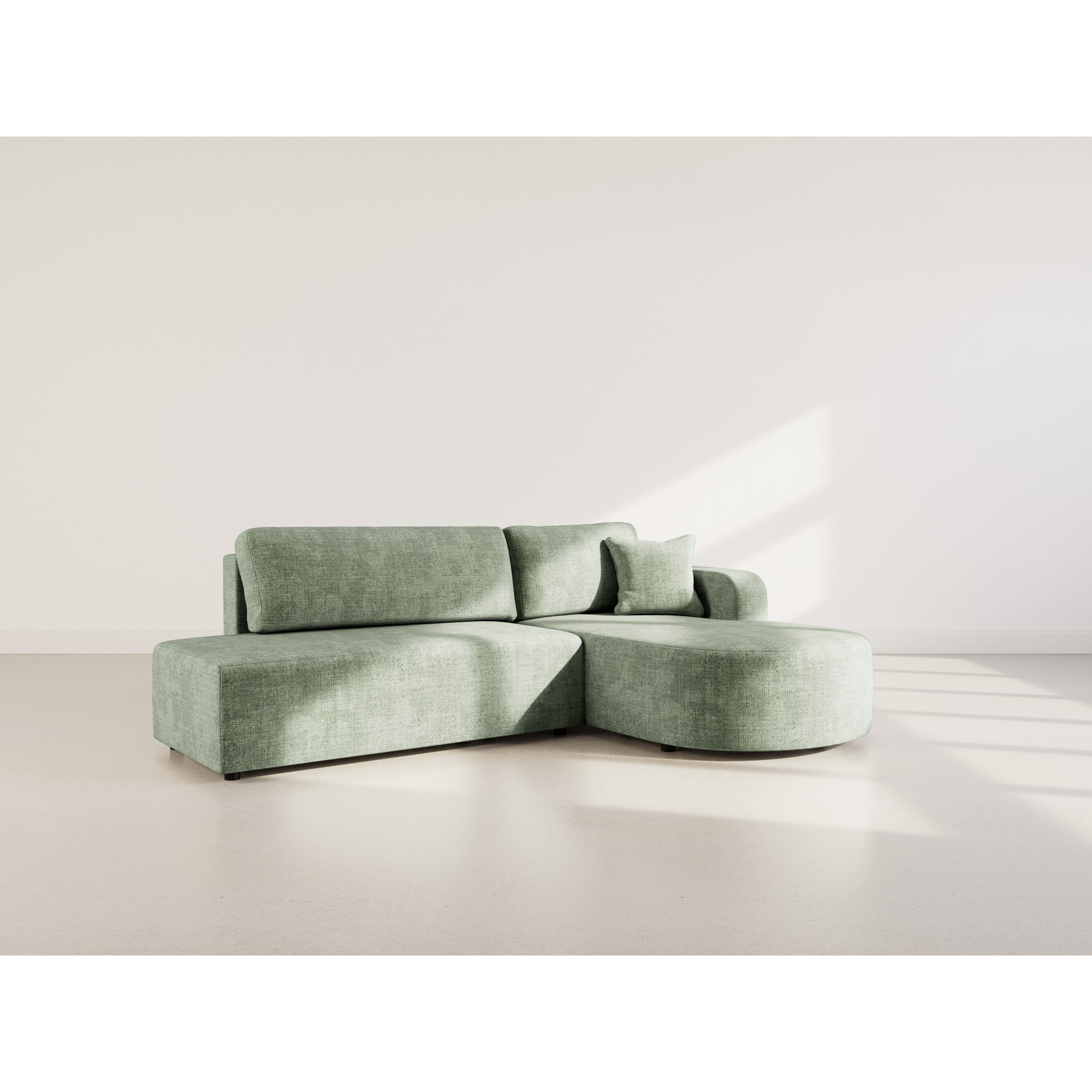 Miro - Canapé d'angle droit 4 places convertible avec coffre en velours texturé - Vert sauge