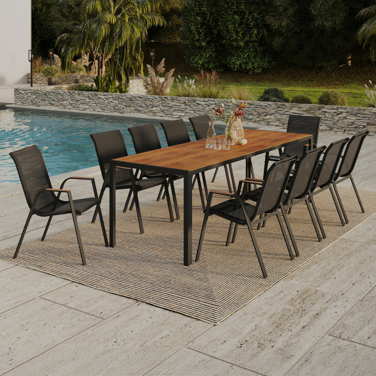 Ensemble repas Timbia 10 places verre trempé effet bois