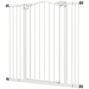 Barrière de sécurité pour chien extensible 74-100 cm, barrière d'escalier à fixation par pression sans percer, double verrouillage, fermeture automatique, hauteur 94 cm, blanc