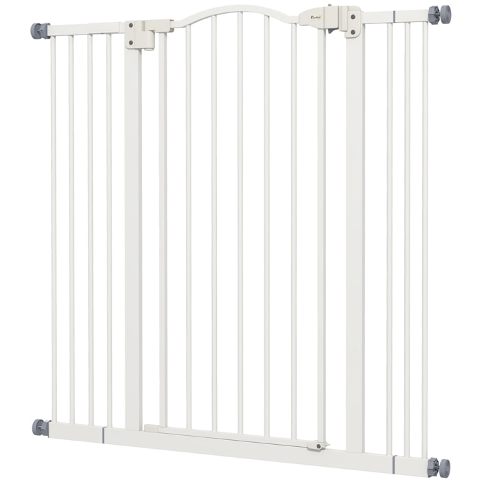 Barrière de sécurité pour chien extensible 74-100 cm, barrière d'escalier à fixation par pression sans percer, double verrouillage, fermeture automatique, hauteur 94 cm, blanc