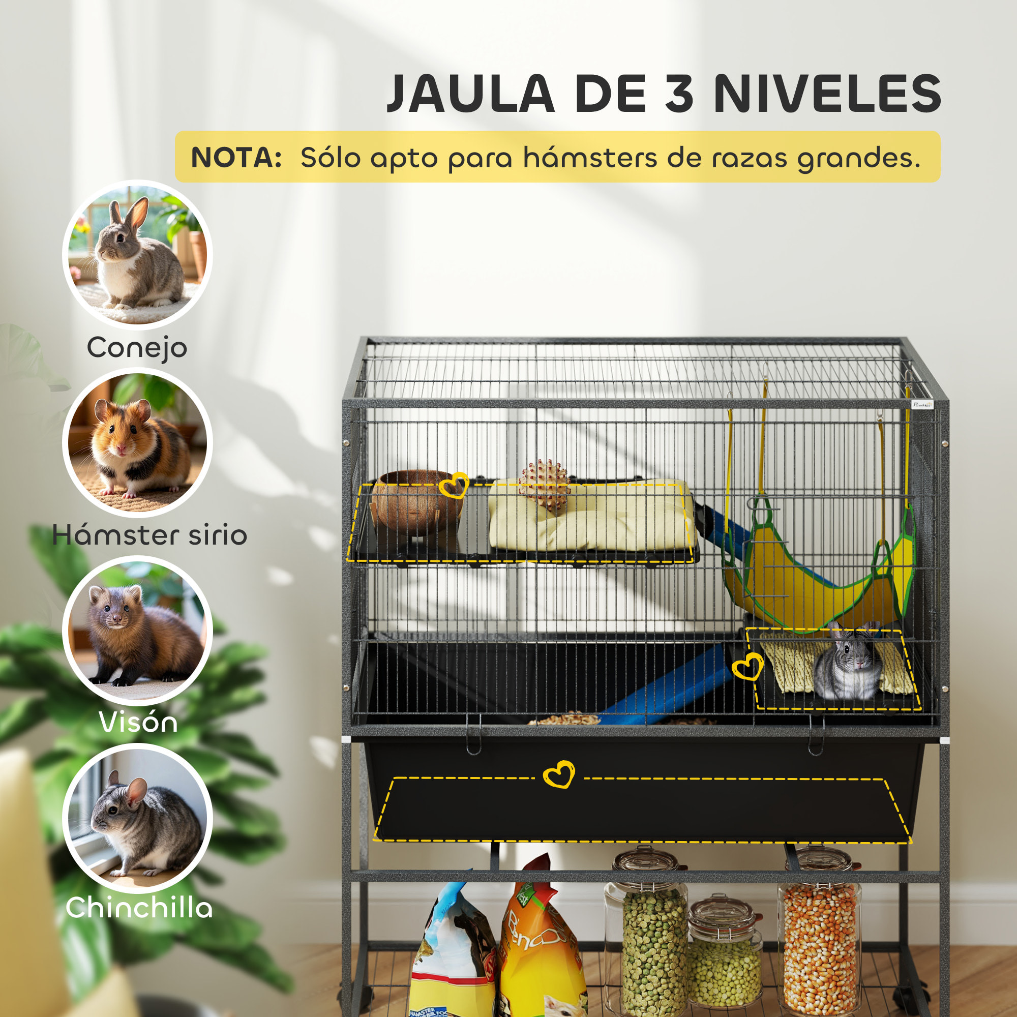 Jaula para Hurones de 3 Niveles Jaula para Conejos con Ruedas Rampas Hamaca y Bandeja Extraíble Recinto para Roedores Chinchillas 88x48x102 cm Gris Oscuro
