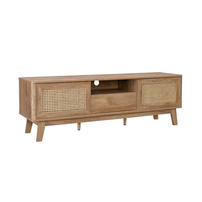 Meuble TV portes coulissantes. casier fermé. étagère effet bois et cannage 150cm