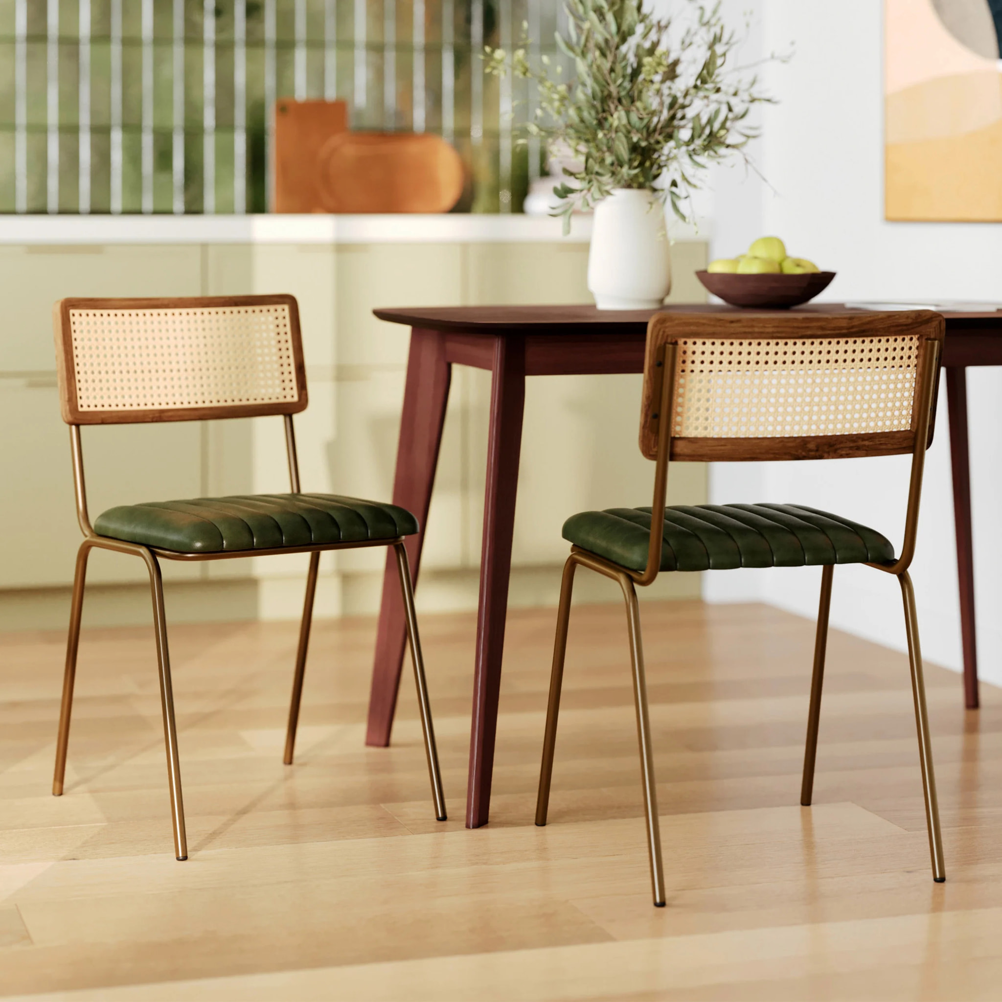 Lot de 2 chaises en cannage et cuir vert - Arsène