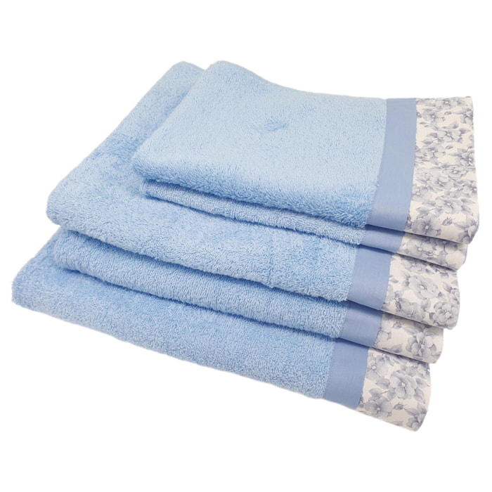 Set Spugna PRIMULA 5 Pezzi: 2 Viso+2 Ospite + 1 Telo Bagno - 450 gr/m² - Azzurro - Puro Cotone