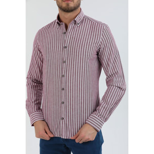 camicia uomo 1 bottone button down slim Lino Cotone Riga Media Bordeaux e Rosa