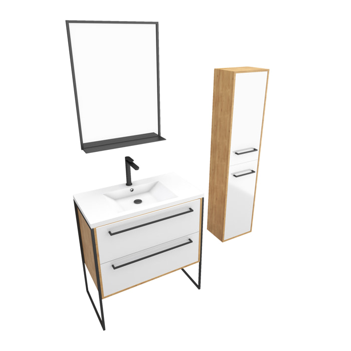 Ensemble de salle de bain 80cm + vasque blanche 80x50 + tiroir blanc mat + miroir + colonne