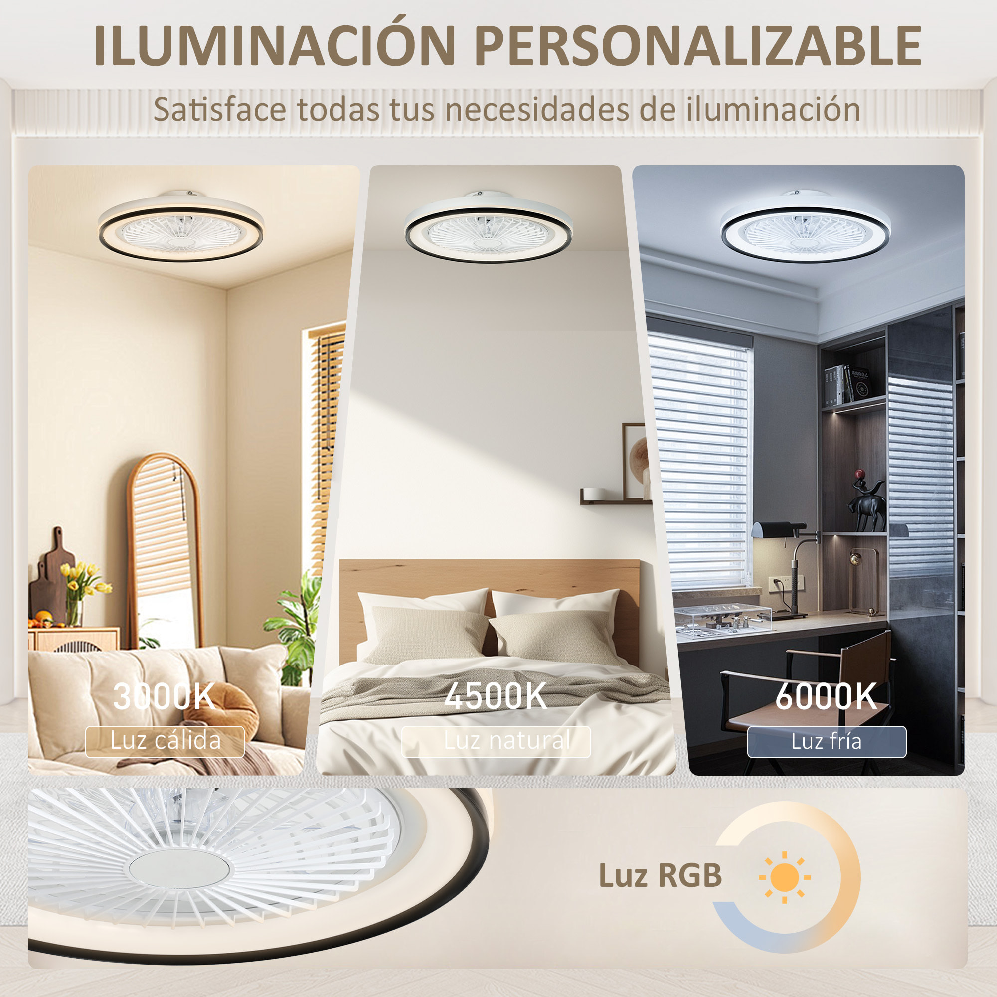 Ventilador de Techo con Luz LED 48,5 W Motor DC Reversible Lámpara Ventilador Techo Silenciosa con Mando a Distancia 6 Velocidades Temporizador para Salón Dormitorio Ø48 cm Blanco