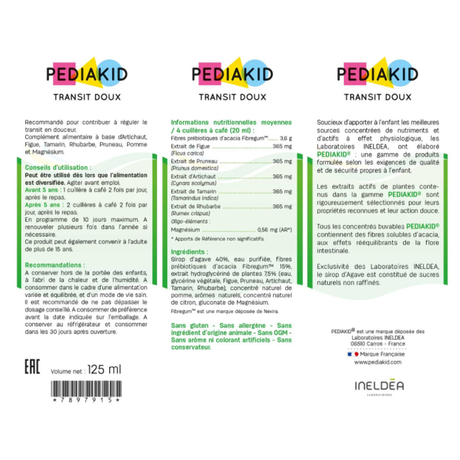 PEDIAKID - Sirop Transit Doux - Complément Alimentaire Naturel - Formule Exclusive au Sirop d'Agave - Contribue à Réguler le Transit en Douceur - Arôme Naturel de Pomme - Lot de 2 Flacons de 125 ml