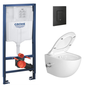 Pack Bati-support Project + WC sans bride avec fonction bidet thermostatique + Plaque Noir mat (RapidSL-SATClean-KF0)