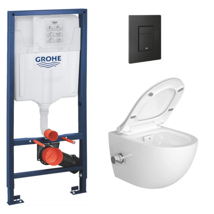 Pack Bati-support Project + WC sans bride avec fonction bidet thermostatique + Plaque Noir mat (RapidSL-SATClean-KF0)
