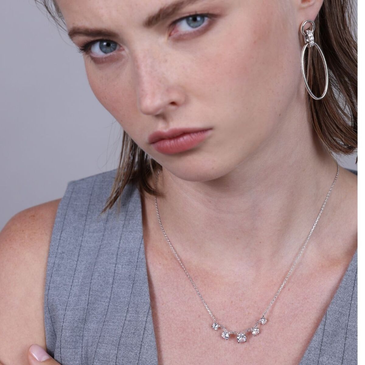 Collana Girocollo in Argento 925 placcato Rodio con Ciondoli in Cubic Zirconia