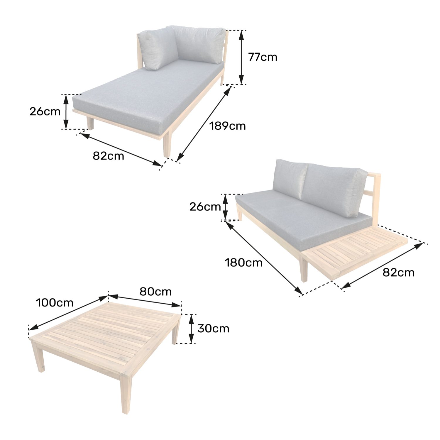 Salon de jardin en acacia 4 places PANGKOR - coussins sable