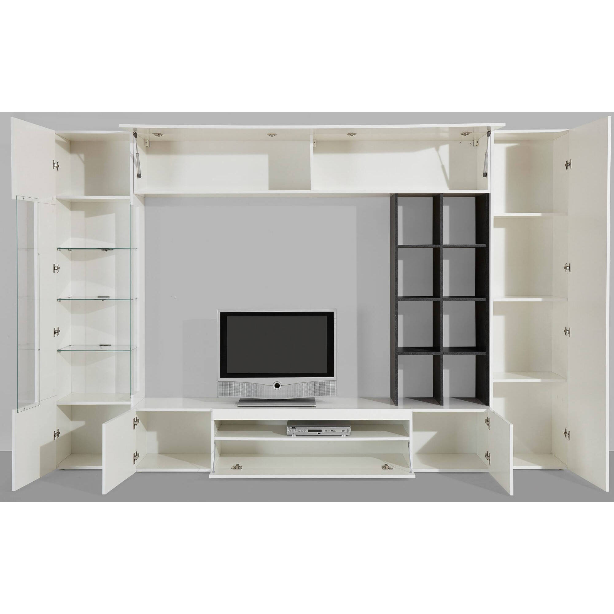 Parete attrezzata Andy, Set salotto porta TV, Mobile soggiorno multiuso con luce LED, 100% Made in Italy, cm 290x40h192, Bianco lucido e Ardesia