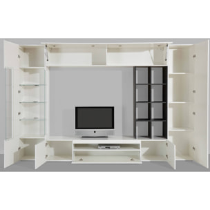 Parete attrezzata Andy, Set salotto porta TV, Mobile soggiorno multiuso con luce LED, 100% Made in Italy, cm 290x40h192, Bianco lucido e Ardesia