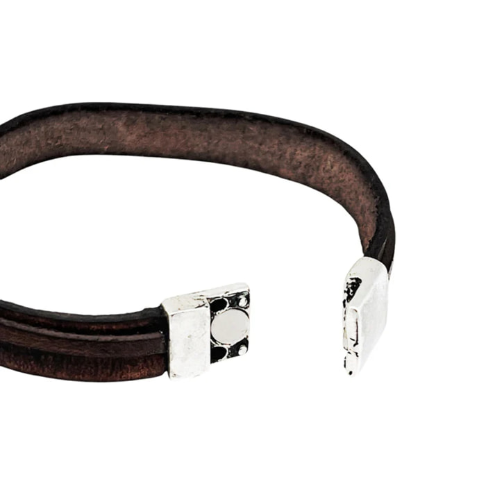 Pulsera Montana con tubo plata chapado cuero ecológico marrón