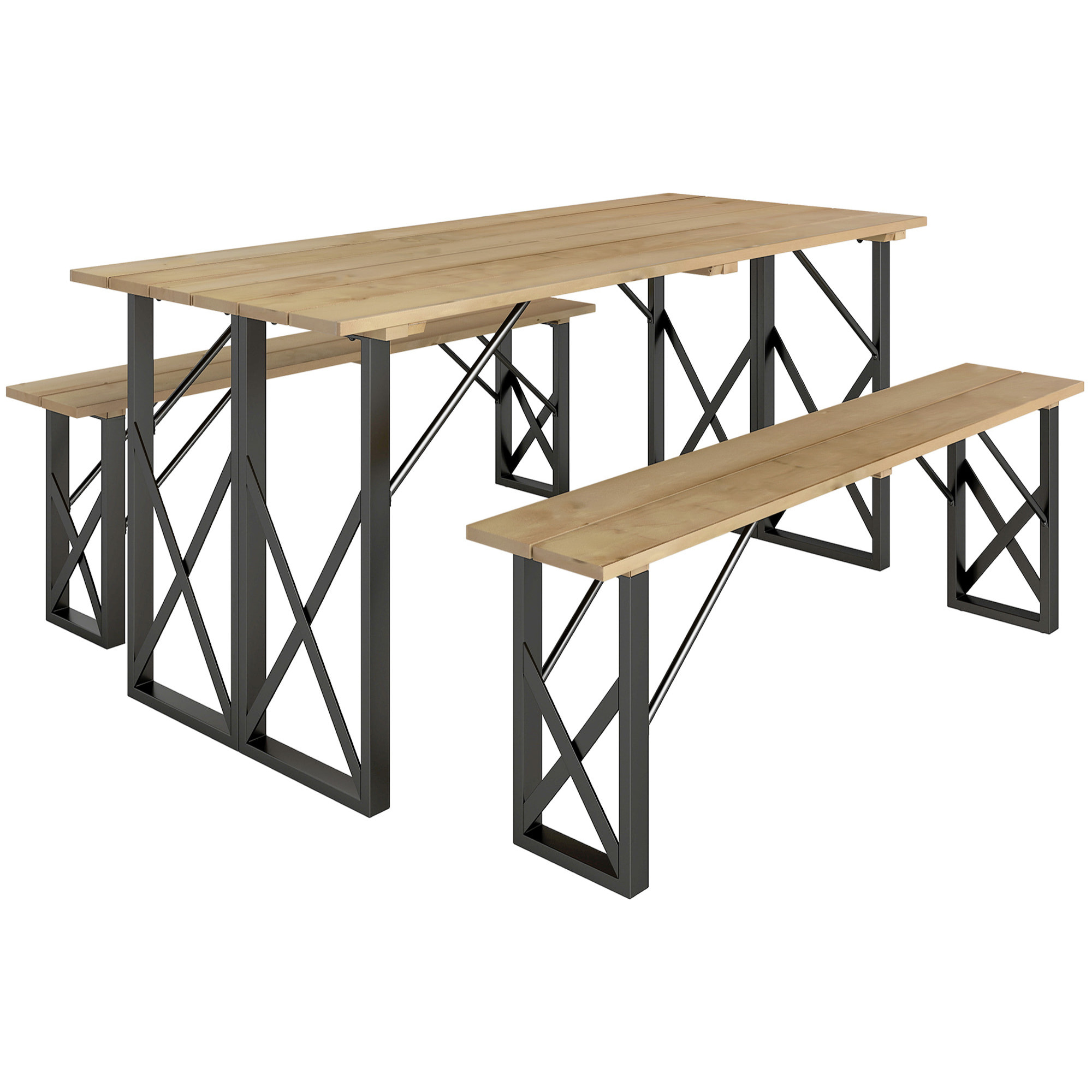 Ensemble table et 2 bancs en bois 6 personnes - table 160 cm avec espace parasol - acier épicéa