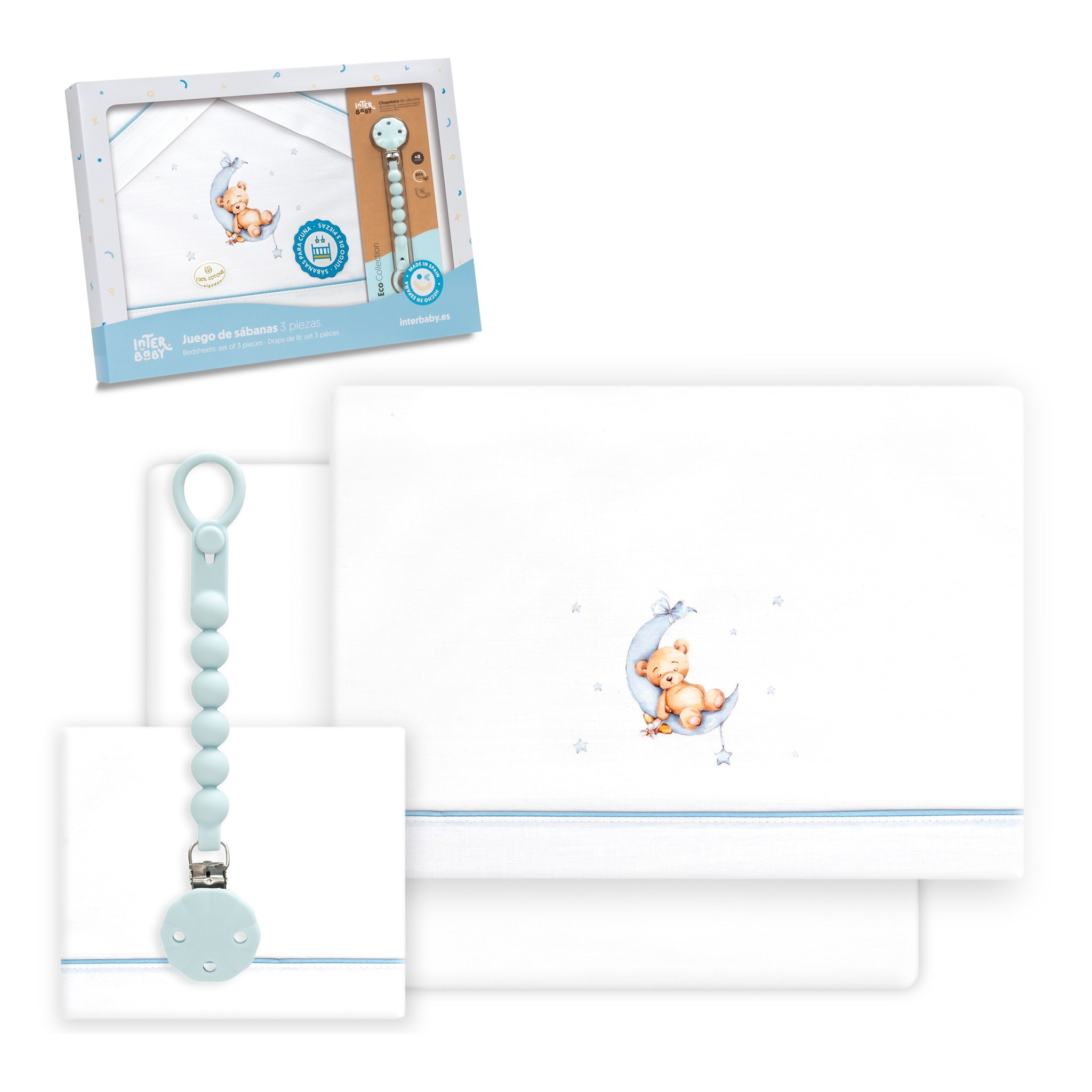 Triptico Cuna Estampado Oso Luna Estrellas + Broche Bco/Azul