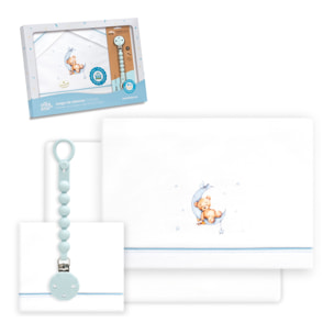 Triptico Cuna Estampado Oso Luna Estrellas + Broche Bco/Azul