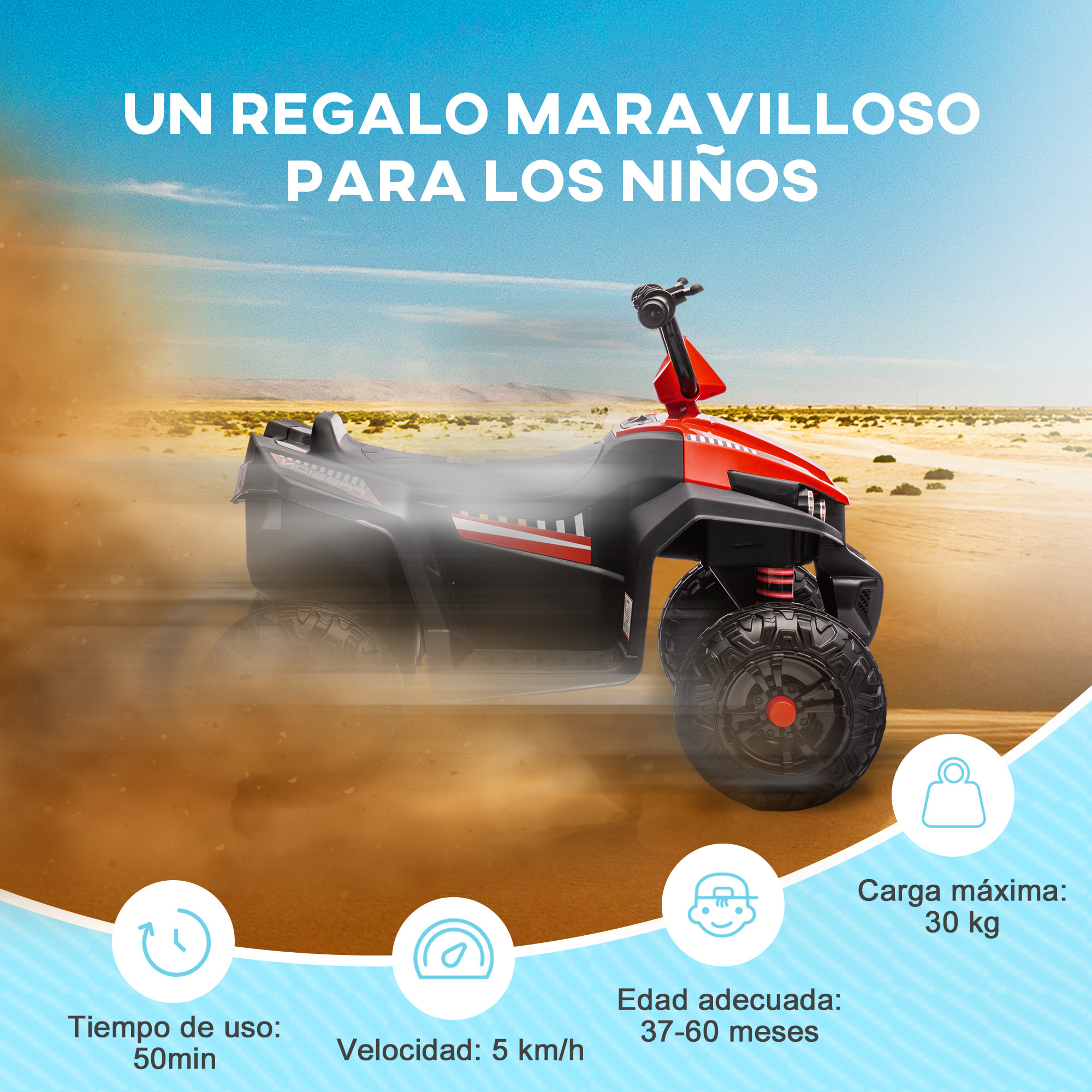 Quad Eléctrico para Niños de Batería 12V Coche Eléctrico para Niños de +3 Años con Velocidad 5 km/h Faros Música MP3 Avance y Retroceso Carga 30 kg Rojo