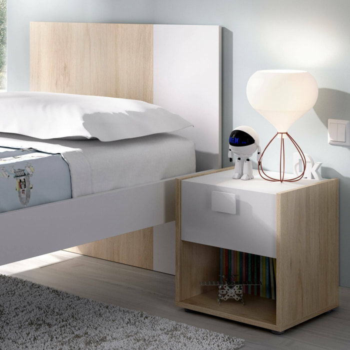 Comodino Artica, Tavolino da notte, Comò basso a 1 cassetto, 40x33h42 cm, Bianco e Rovere