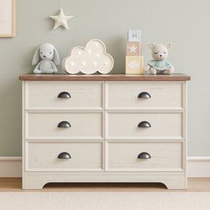 YORK Commode 6 tiroirs blanc et bois 120cm