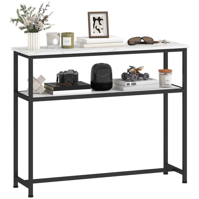 Mesa Consola Moderna Consola Recibidor Estrecha con Superficie con Efecto Mármol Estante Abierto y Marco de Metal Mesa de Sofá para Entrada Sala de Estar 100x30x81 cm Blanco
