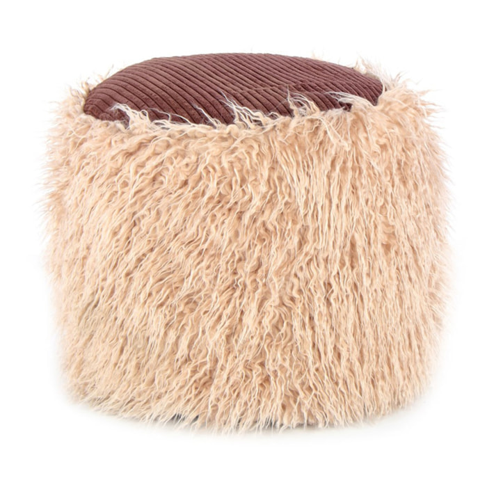 Pouf Bobtail 100 in ecopelliccia beige e velluto a coste