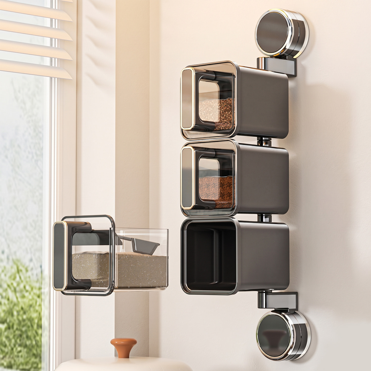 Organizador transparente para especias de cocina montado en la pared con ventosas, asas ergonómicas con cuerpo giratorio 180°, 3 compartimentos