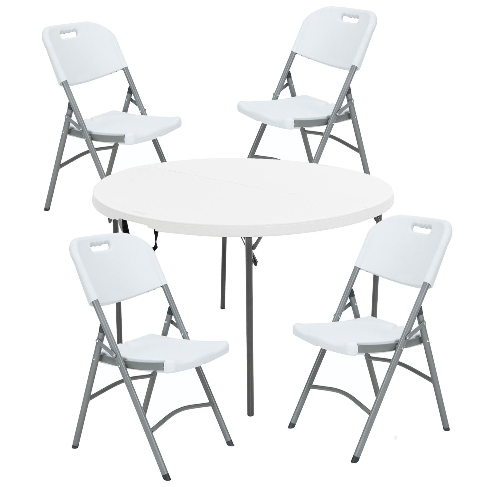 Mesa redonda (diámetro 120cm x74 cm), y set de 4 sillas plegables 51x45x85,5cm, ideal para exteriores