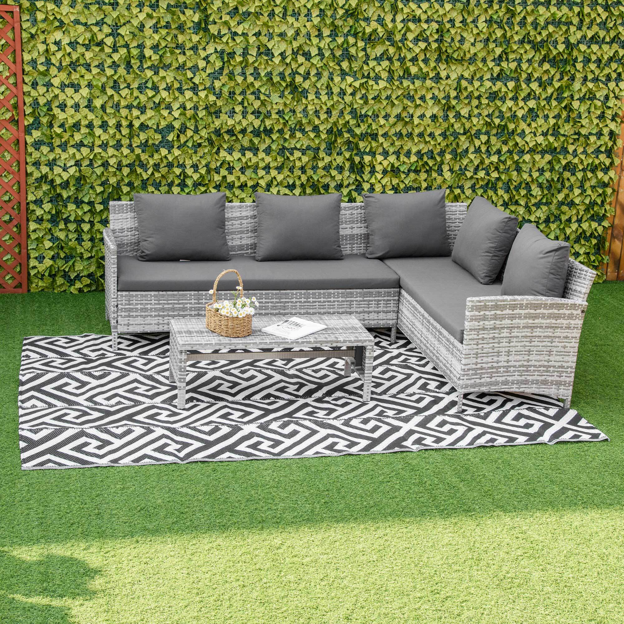 Alfombra de Exterior 182x274 cm Alfombra Reversible con Patrón Geométrico Impermeable para Terraza Balcón Patio Camping Playa Blanco y Negro