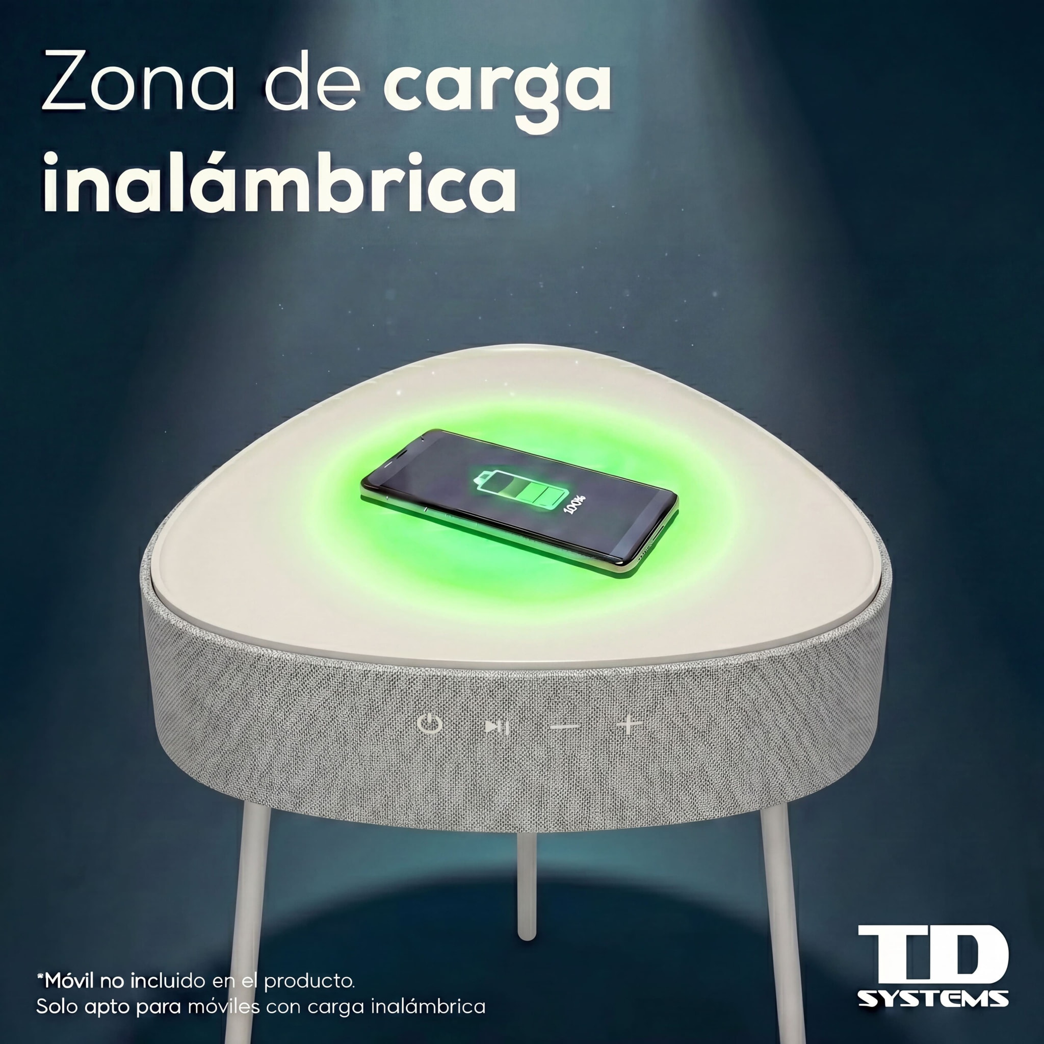 Mesa auxiliar altavoz portátil con sonido de 20W, Bluetooth, Base de carga inalámbrica, batería de 2500mAh. Mesilla o mesita para dormitorio o sala de estar - TD Systems SM20B11PB [Blanco]