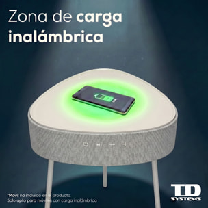 Mesa auxiliar altavoz portátil con sonido de 20W, Bluetooth, Base de carga inalámbrica, batería de 2500mAh. Mesilla o mesita para dormitorio o sala de estar - TD Systems SM20B11PB [Blanco]
