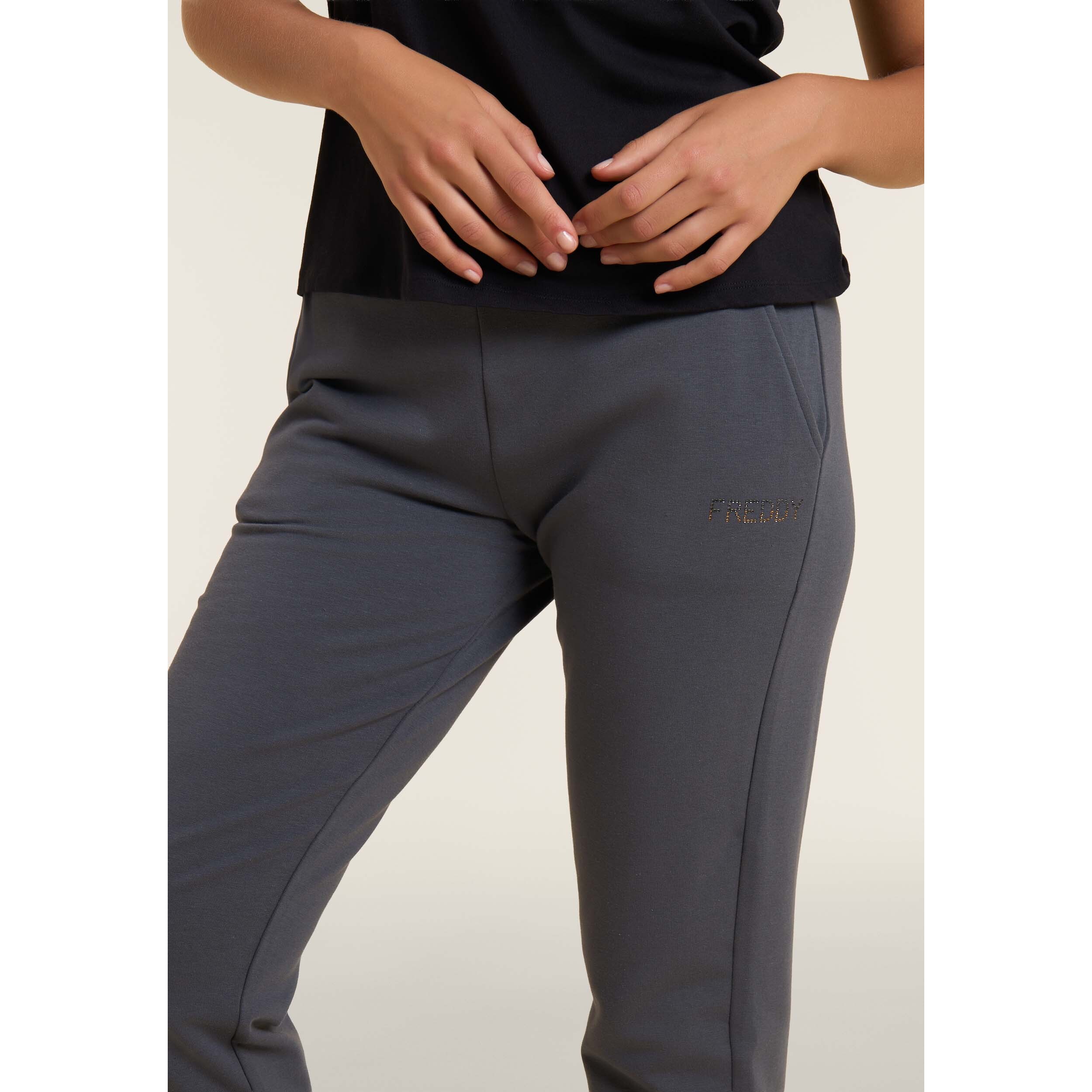 Pantaloni sportivi da donna con fondo dritto e logo strass