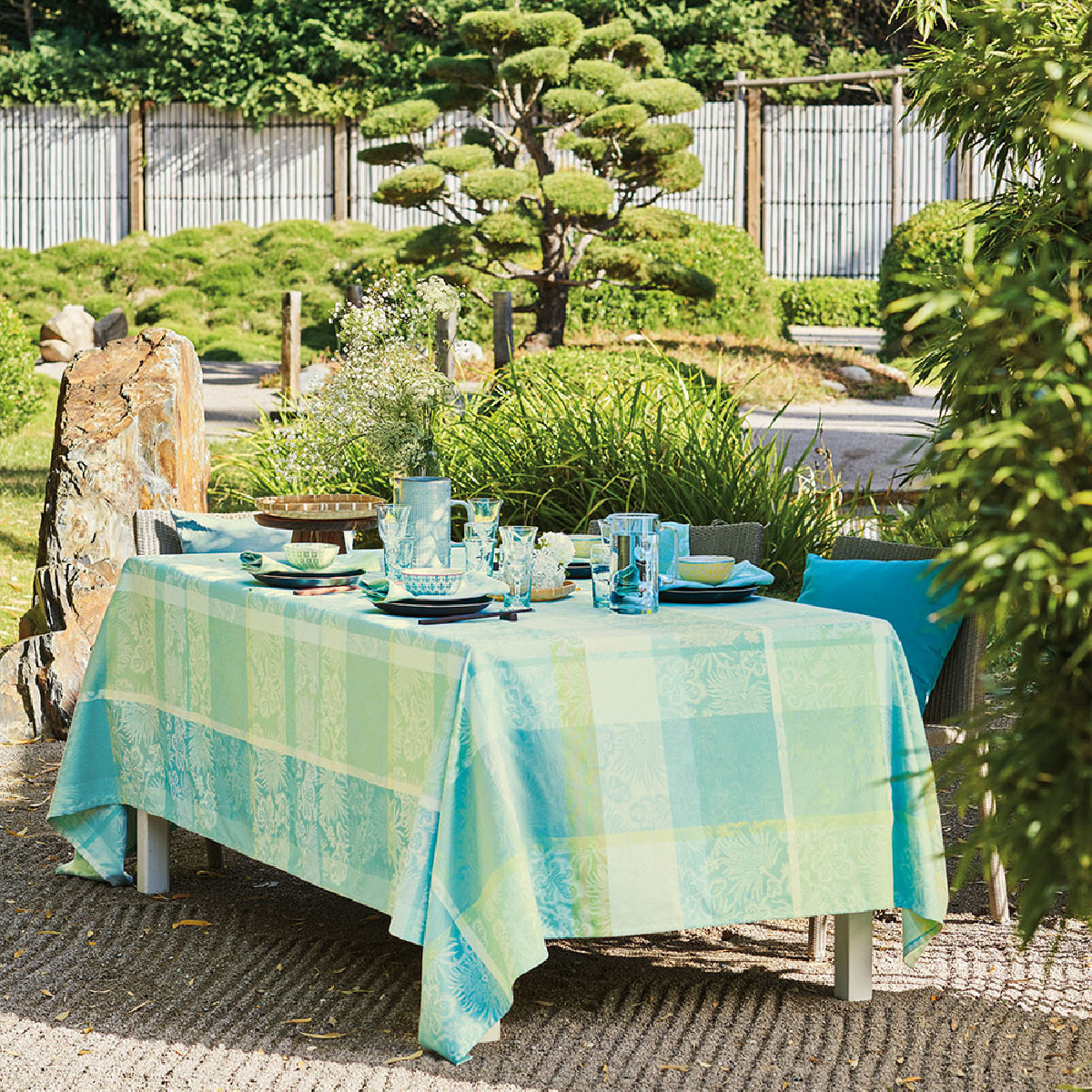 Nappe pur coton motif jacquard vert Mille venusta aqua