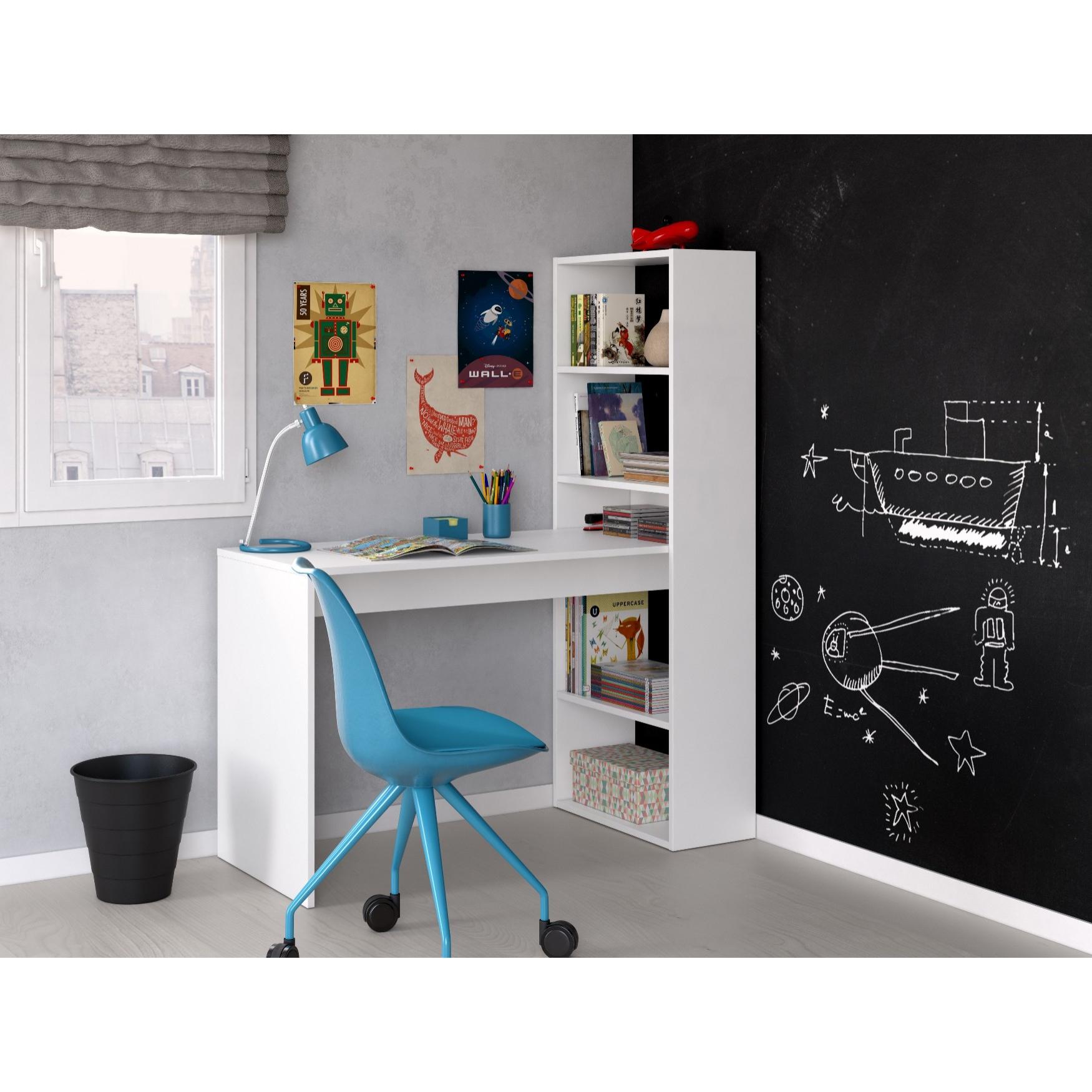 Scrivania Denton, Scrittoio multifunzione reversibile con libreria a 5 ripiani, Tavolo da studio o ufficio porta PC portalibri, cm 120x53h144, Bianco