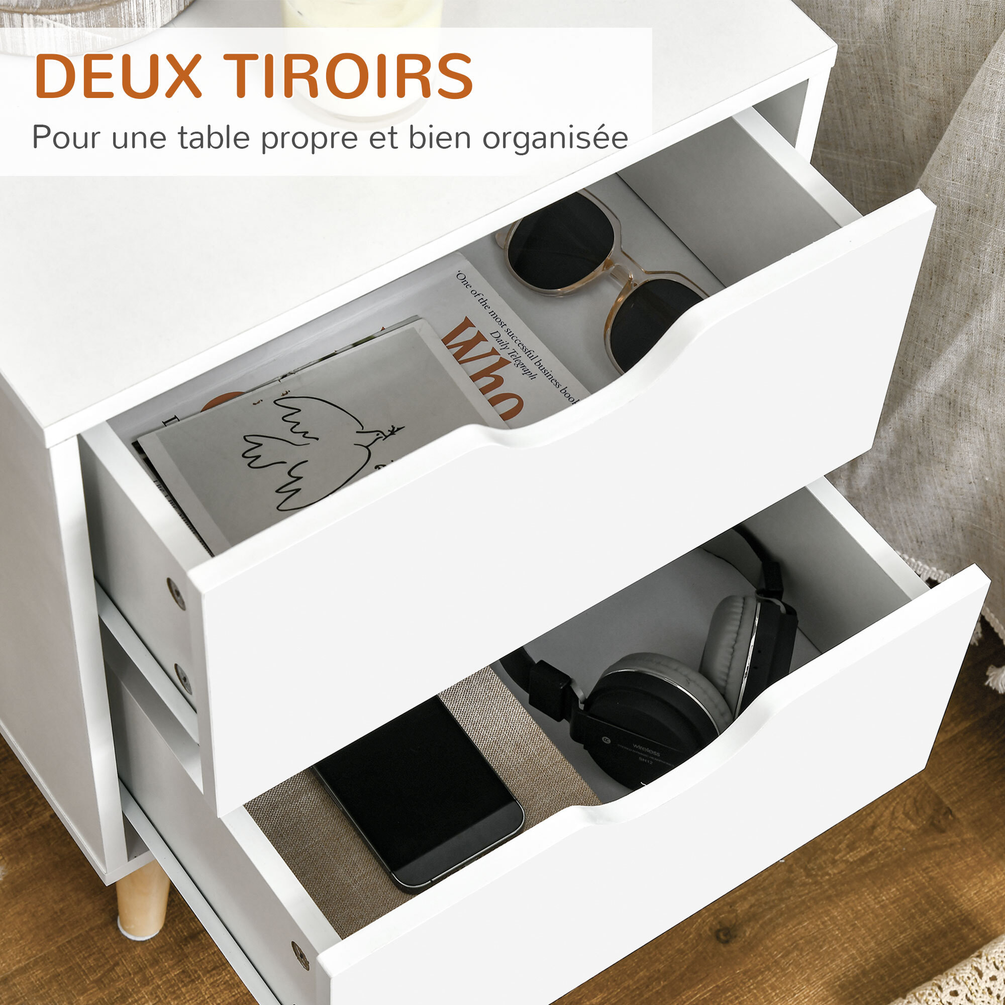 Chevet table de nuit design scandinave 2 tiroirs piètement bois pin panneaux particules blanc