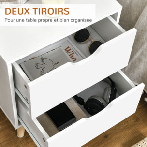 Chevet table de nuit design scandinave 2 tiroirs piètement bois pin panneaux particules blanc